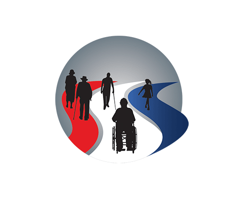 Website logo showing young and old individuals, including a man in a wheelchair and a blind man with a cane, traveling together down a red, white, and blue path